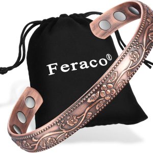 Feraco Copper Bracelet for Women, Ultra Strength Magnetic Bracelets, 99.99% Pure Copper Cuff Bangle with 3500 Gauss Neodymium Magnets, Adjustable, Vintage Flower Collection